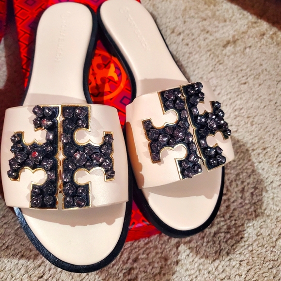 Tory Burch Shoes - Tory Burch Ines cream and black embellished slides